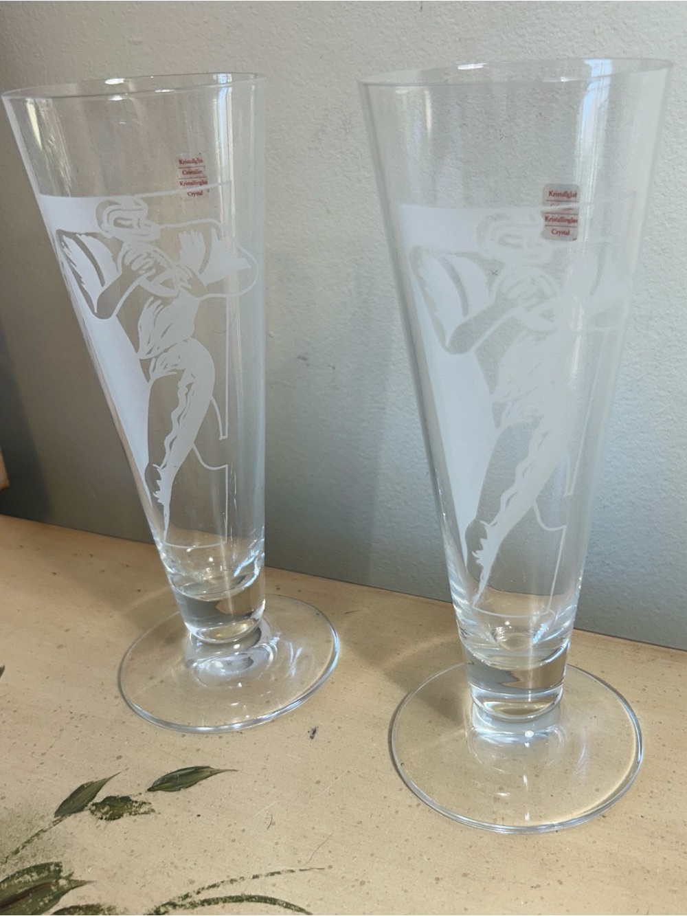Vintage Zwiesel Germany Football Etched Crystal Pilsner Flute Glasses